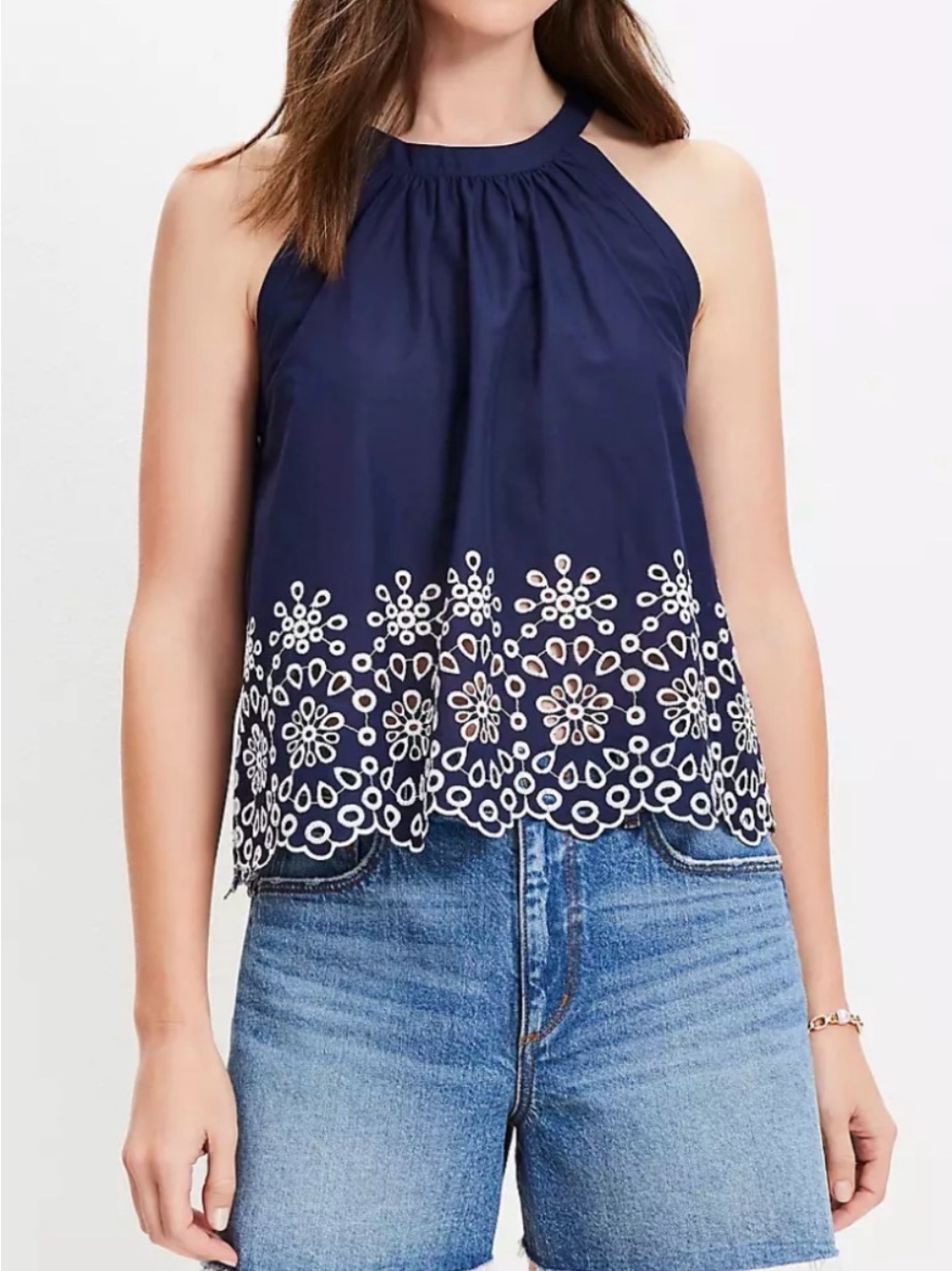 LOFT *NEW* Cotton Navy Halter Eyelet Scallop Hem Embroidered w/ Key-hole Size XL